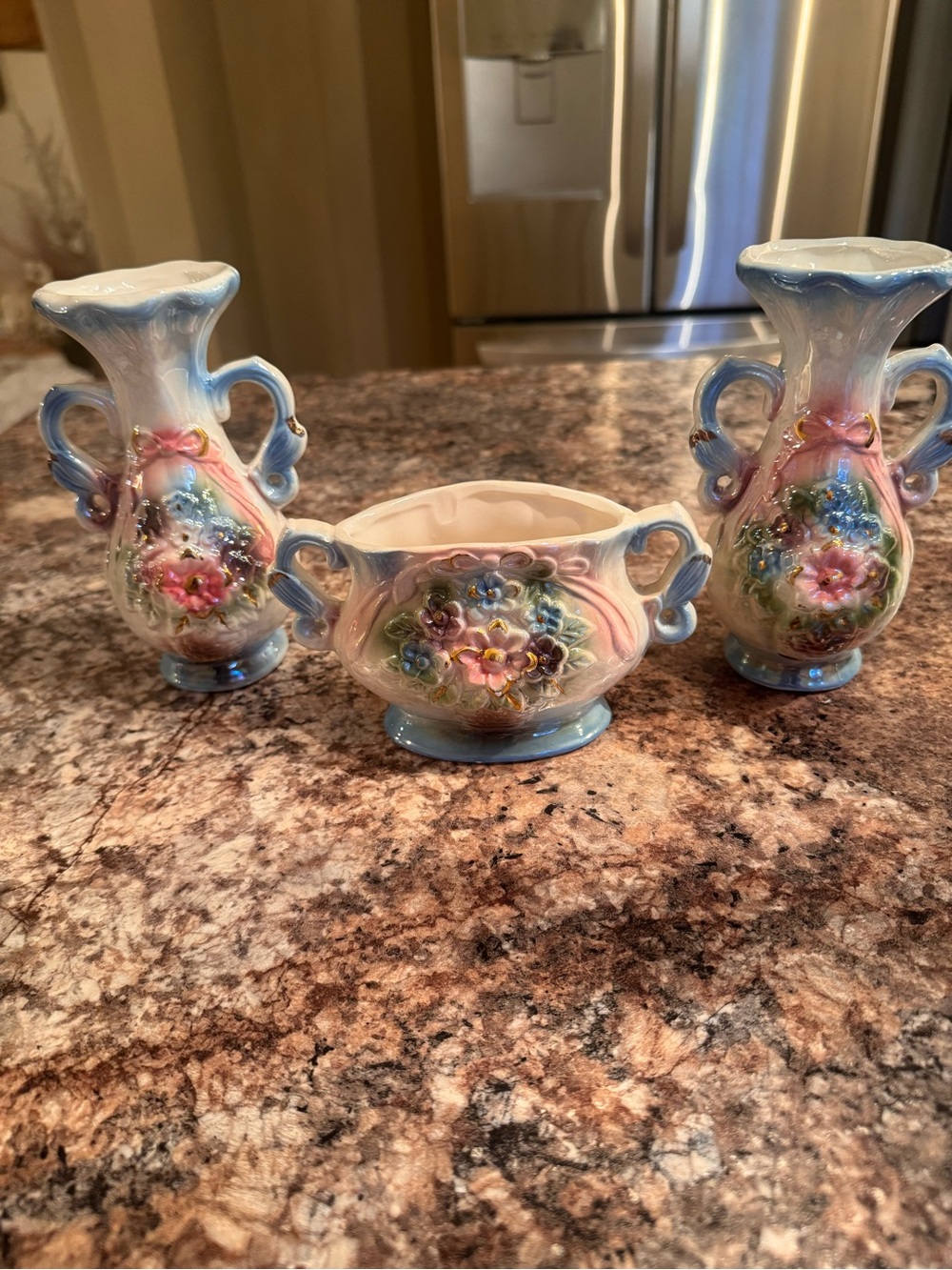 Vintage ceramic floral vases with iridescent pink and blue luster glaze